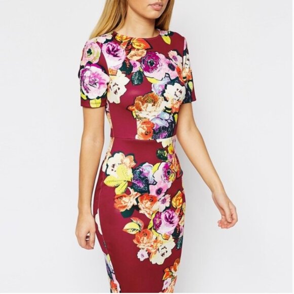 ASOS Floral Print Scuba Body-Conscious Dress Oxblood floral US 8 - Picture 1 of 6